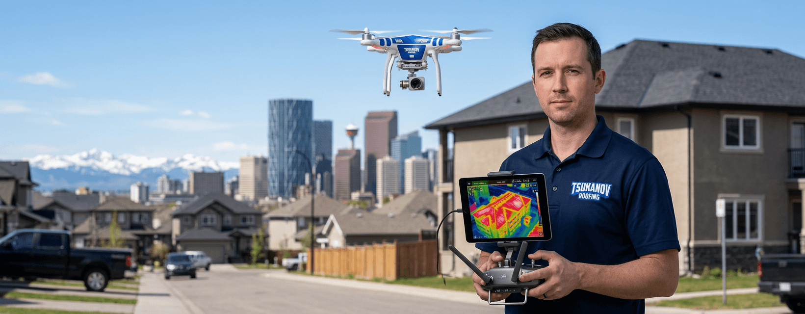 Professional drone operator performing thermal roof inspection in Calgary