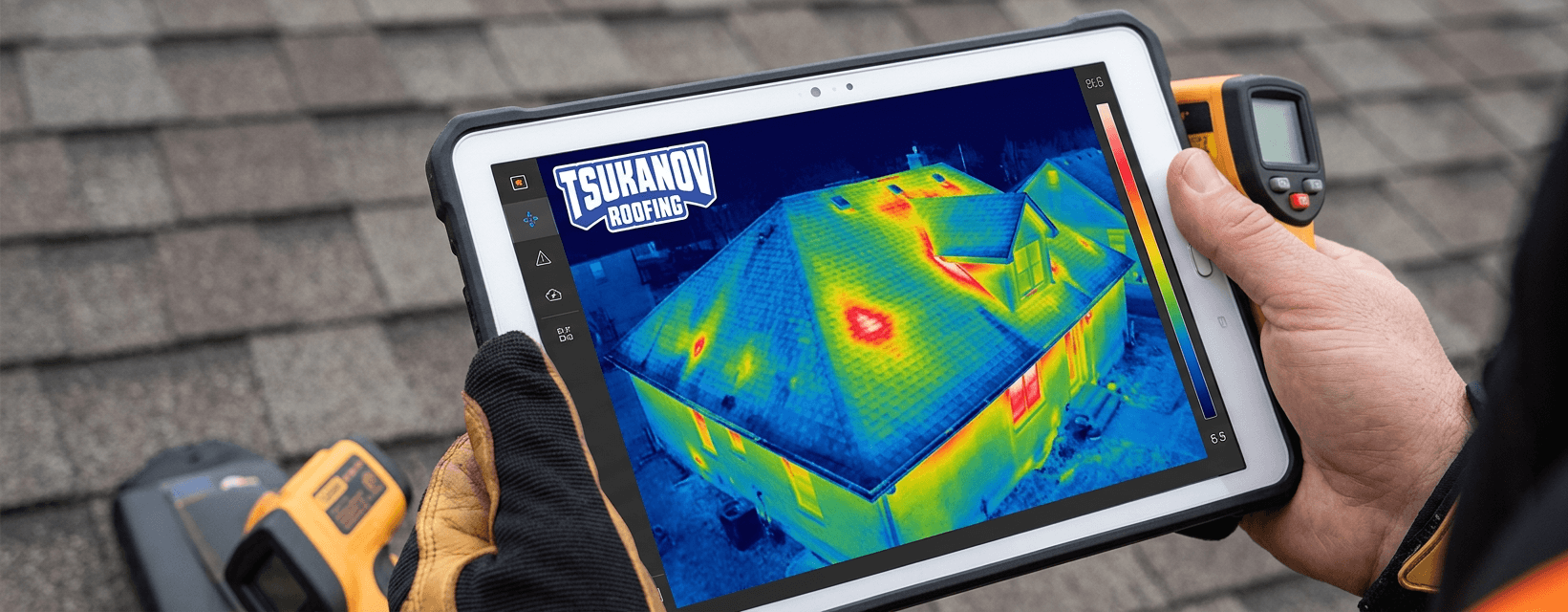 Thermal imaging display showing roof heat map and temperature variations
