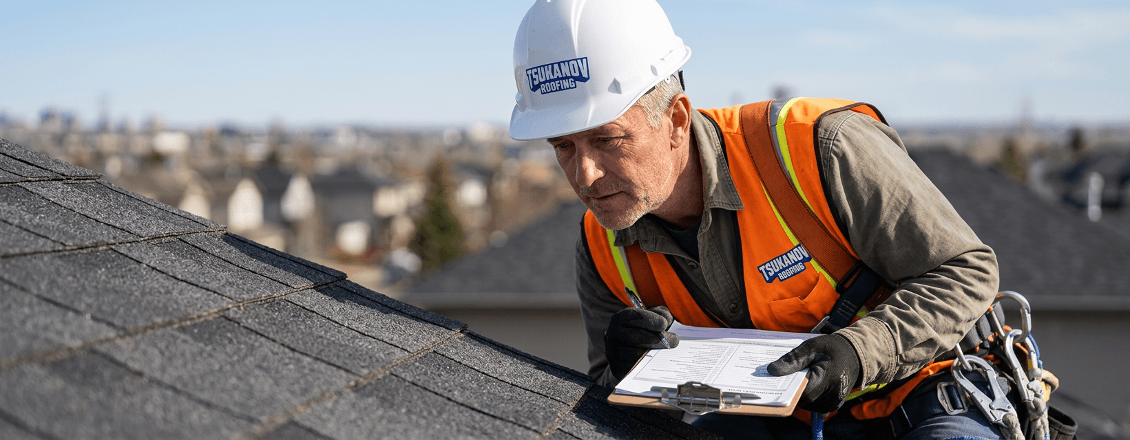Professional roof inspector performing detailed hands-on inspection in Calgary